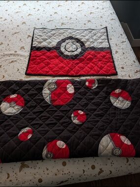 Pokemon Red and Black Pokeball Quilted Bed Runner Set